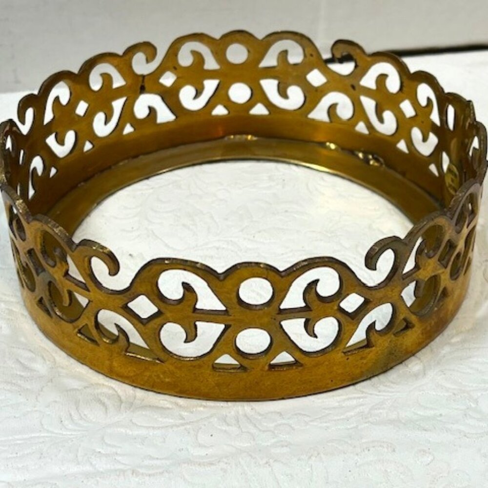 VTG One Brass Filigree Pillar Candle Collar Ring Holder 6"x2"